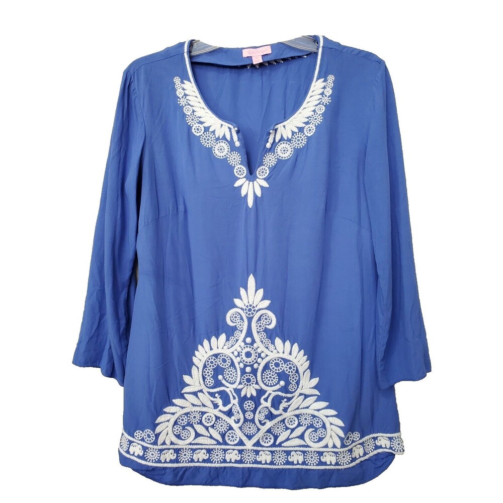 Lilly Pultizer Rayon Blue Embroidered Charlotte Tunic Size Medium